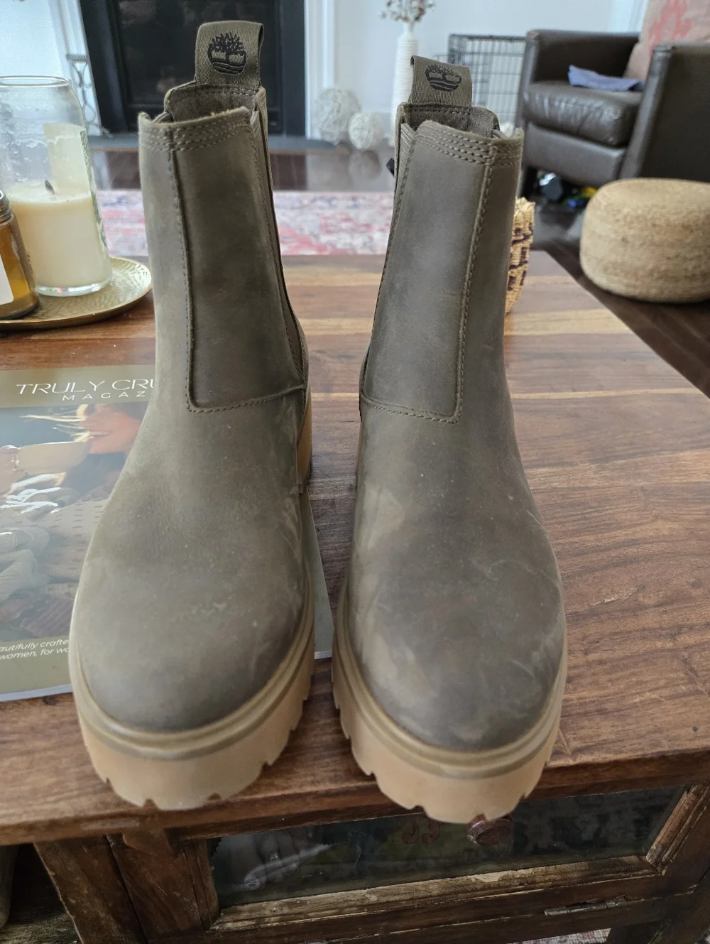 Timberland Brown Taupe Leather Platform Chelsea Boots 7 Like New - Picture 5 of 11